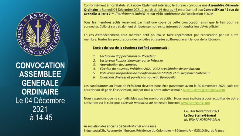 Lire la suite à propos de l’article Convocation AG du Samedi 04 Décembre 2021 à partir de 14.45
